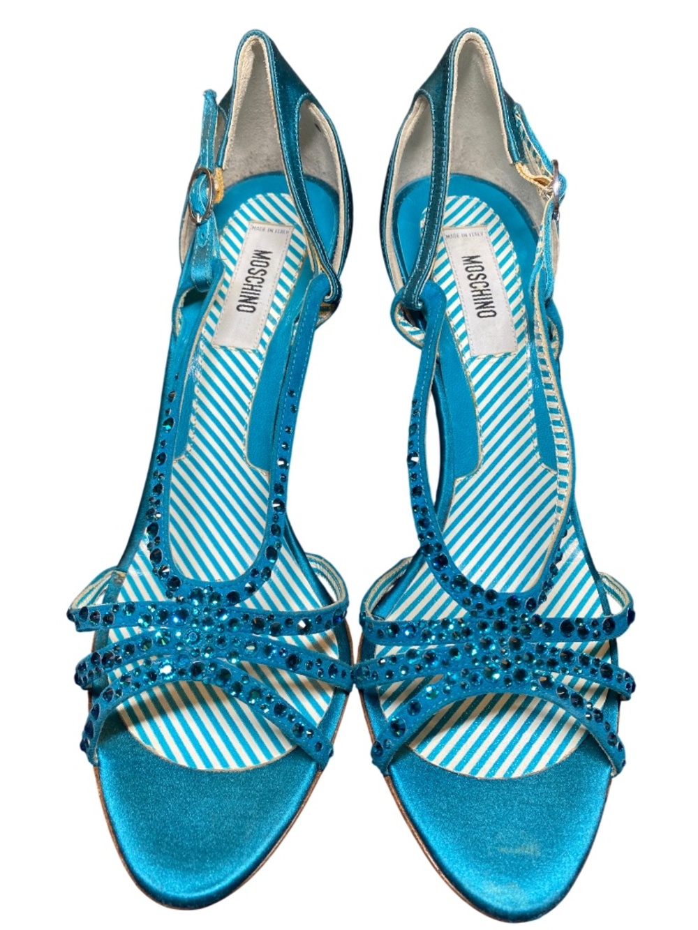 Moschino Archival Jeweled Satin Heels Turquoise Striped Insole IT 37 7